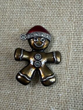 Gingerbread Holiday Brooch with Red Hat and Rhinestones